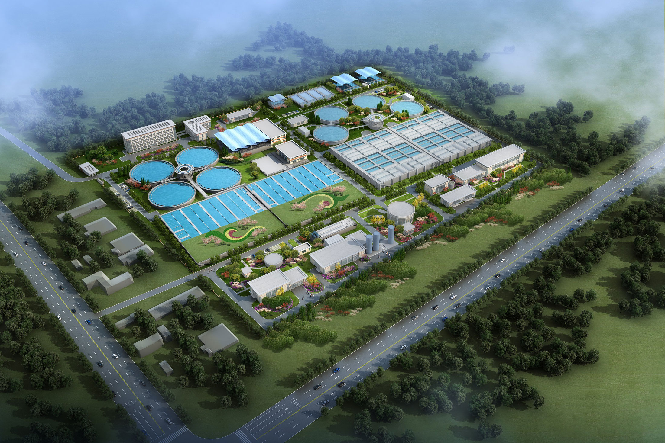 Aerial rendering of an industrial facility with circular tanks, rectangular basins, and buildings surrounded by green landscape
